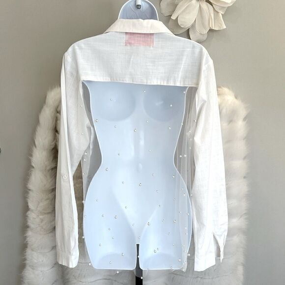 White Button Down Sheer Back Long Sleeve Top (L) - Picture 1 of 10